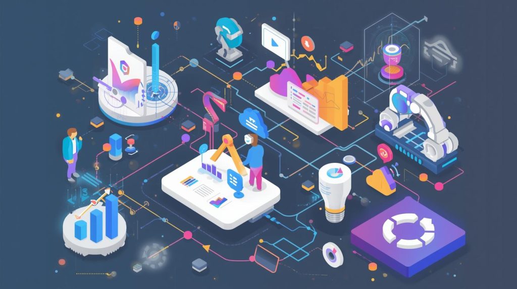 An isometric illustration of an artificial intelligence and automation ecosystem, showing connected elements like a robotic arm, data dashboards, bar charts, a cloud icon, a light bulb, and a circular workflow symbol. Small human figures interact with a central platform displaying analytics, while colorful lines link devices and icons across a dark blue background, representing AI, data processing, and digital transformation.
