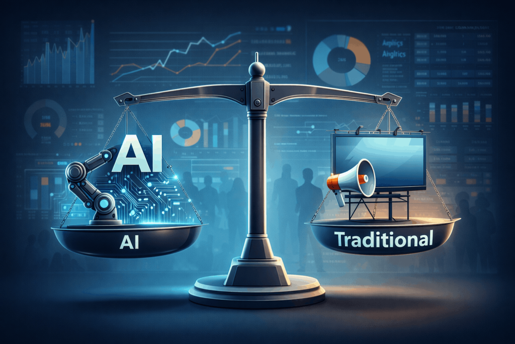 “Modern illustration of a balanced scale comparing AI represented by a robotic arm and digital circuits versus Traditional marketing with a billboard and megaphone, set against analytics charts and consumer silhouettes”