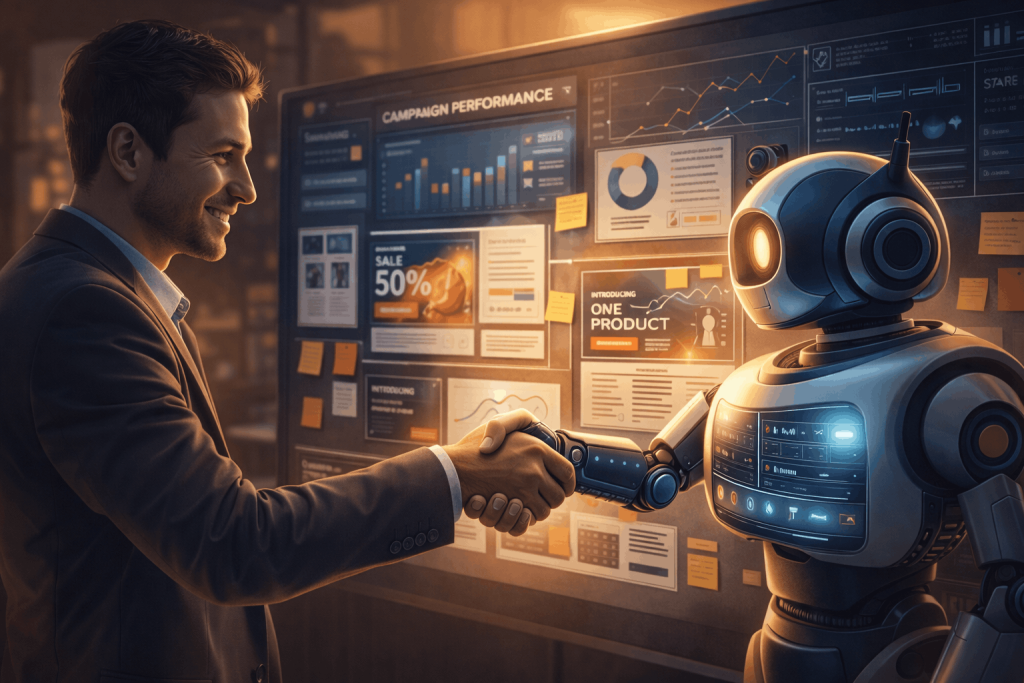 “Human marketer shaking hands with a stylized robotic assistant in front of a campaign board combining digital dashboards and print mockups, symbolizing hybrid marketing strategy, with warm cinematic lighting and realistic yet slightly stylized office environment”