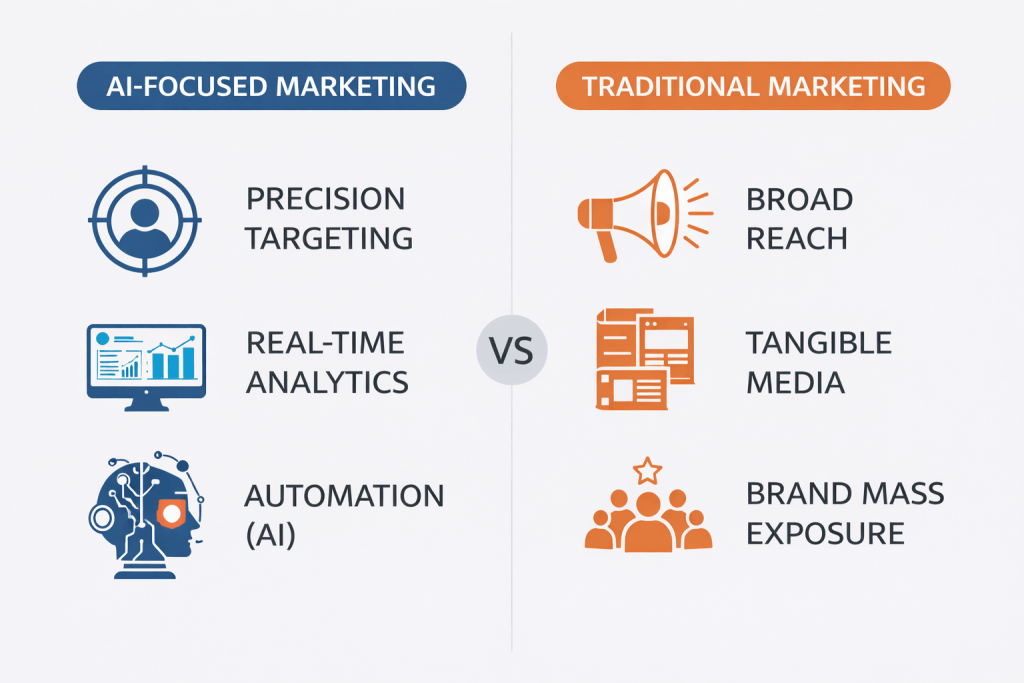 “Split comparison infographic showing AI-focused marketing vs traditional marketing, highlighting precision targeting, real-time analytics, and automation on the AI side, and broad reach, tangible media, and brand mass exposure on the traditional side with clean modern icons and layout.”