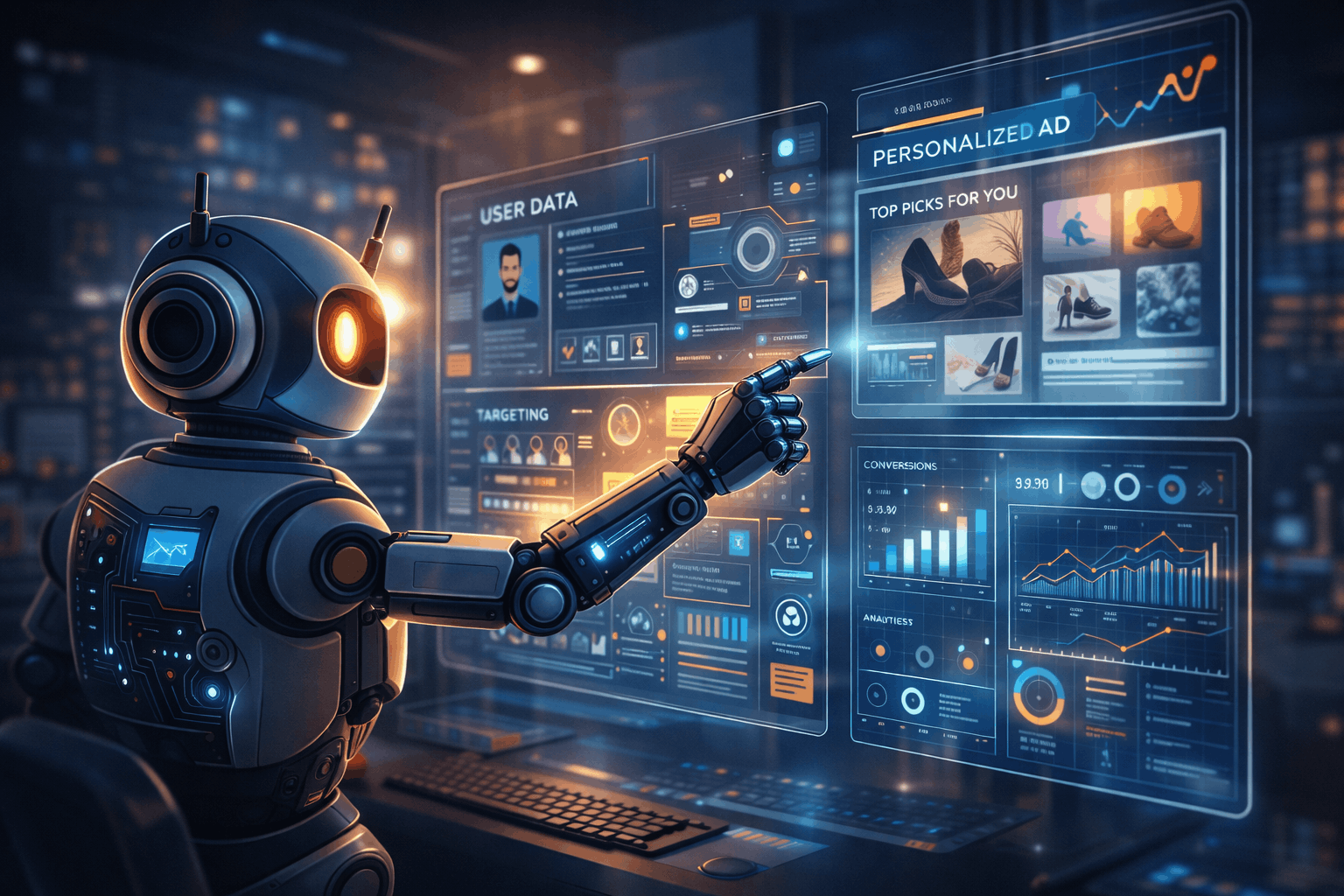 “Futuristic marketing scene showing an AI robot analyzing user data and generating personalized ads on holographic screens with glowing analytics charts in a modern workspace under cinematic lighting.”