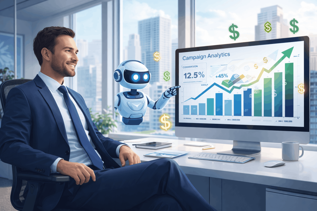 Marketer analyzing successful AI advertising campaign results