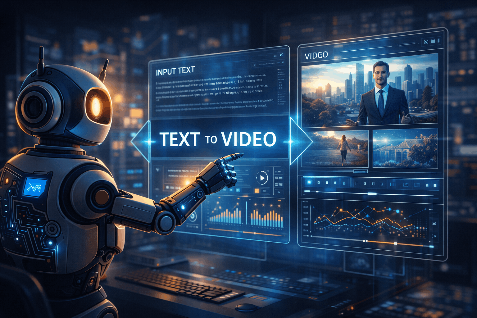 “Futuristic AI system converting text into video on holographic screens, featuring glowing analytics charts and a robotic assistant in a cinematic modern tech workspace.”