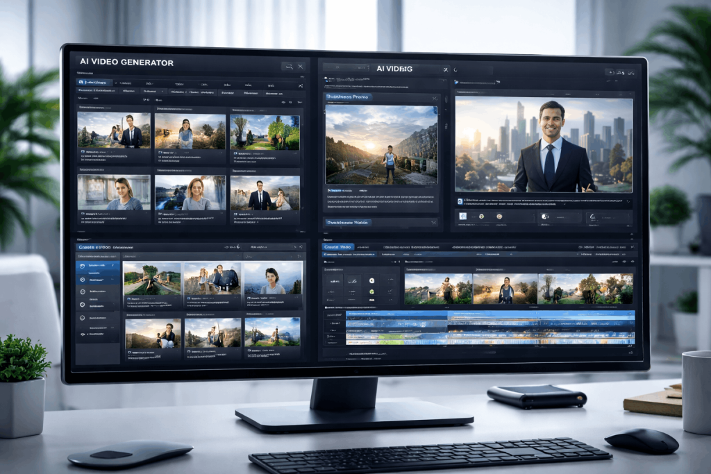Multiple AI video generator platforms shown on screen