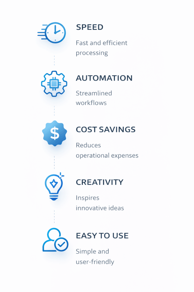 “Modern vertical infographic illustrating the benefits of AI marketing including Speed, Automation, Cost Savings, Creativity, and Easy to Use, each with its own blue icon, in a clean minimal professional design suitable for blogs and mobile viewing.”
