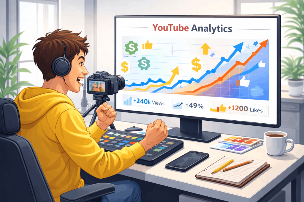 YouTube creator reviewing successful channel analytics