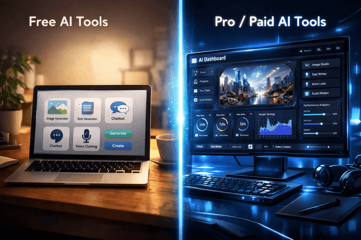 Comparison between free and paid AI tools interface