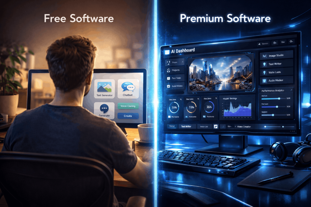 User choosing between free and paid AI software