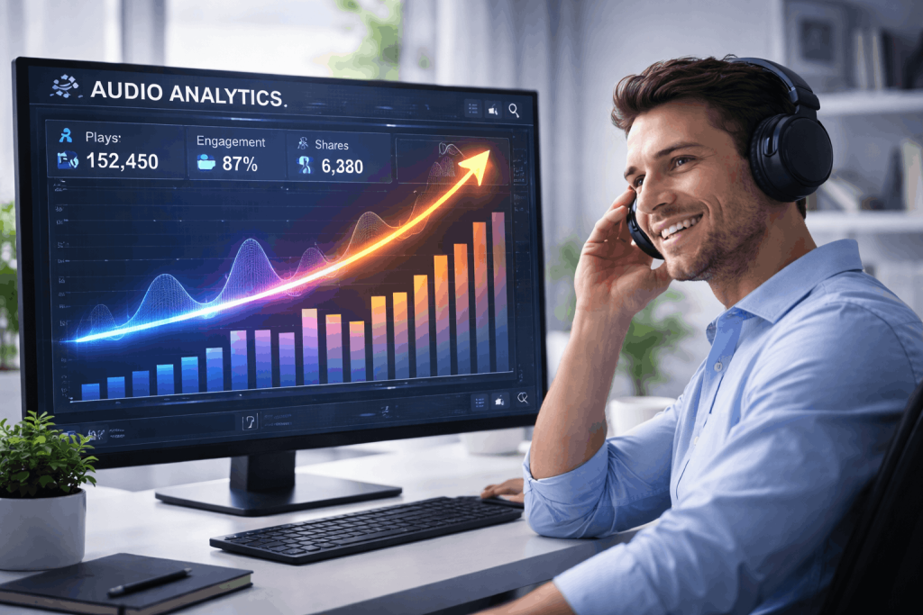 Creator analyzing successful AI voice content performance