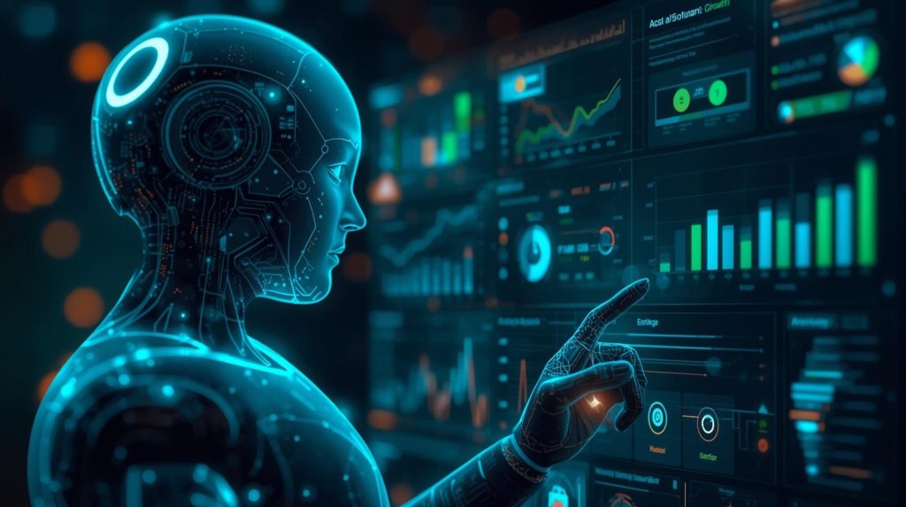 A futuristic humanoid robot with a glowing blue, transparent design interacts with a large digital dashboard filled with charts, graphs, and data visualizations. The robot is shown in profile, touching the screen as if analyzing performance metrics, with green and blue bar charts and line graphs displayed against a dark, high-tech background.