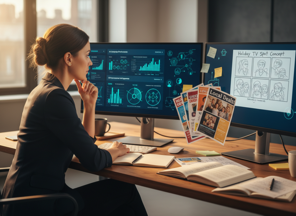 Marketer sitting at a desk analyzing AI digital dashboards on one screen and traditional marketing tools like flyers and TV storyboards on another