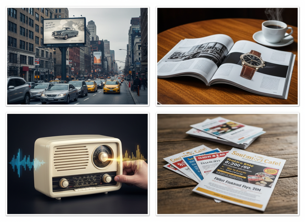 Collage of traditional marketing channels including a street billboard, magazine ad spread, radio, and printed flyers on a table
