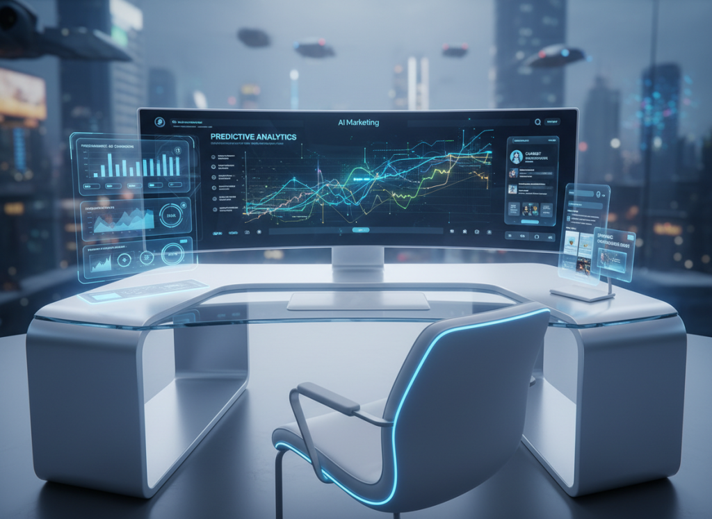 Futuristic AI marketing workstation showing programmatic ad panels, predictive analytics graphs, chatbot conversations, and personalized email previews
