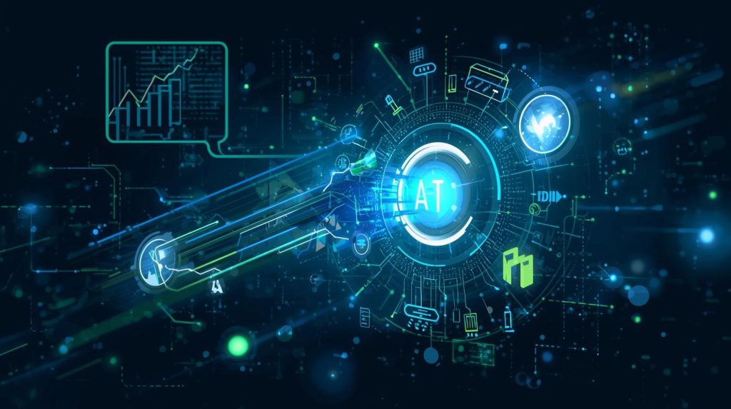 A futuristic digital illustration featuring a glowing circular interface with the letters “AI” at the center, surrounded by interconnected data icons, charts, and technology symbols. Neon blue and green lines connect various elements like a rising graph, cloud icons, and abstract tech components against a dark background, representing artificial intelligence and data analytics.