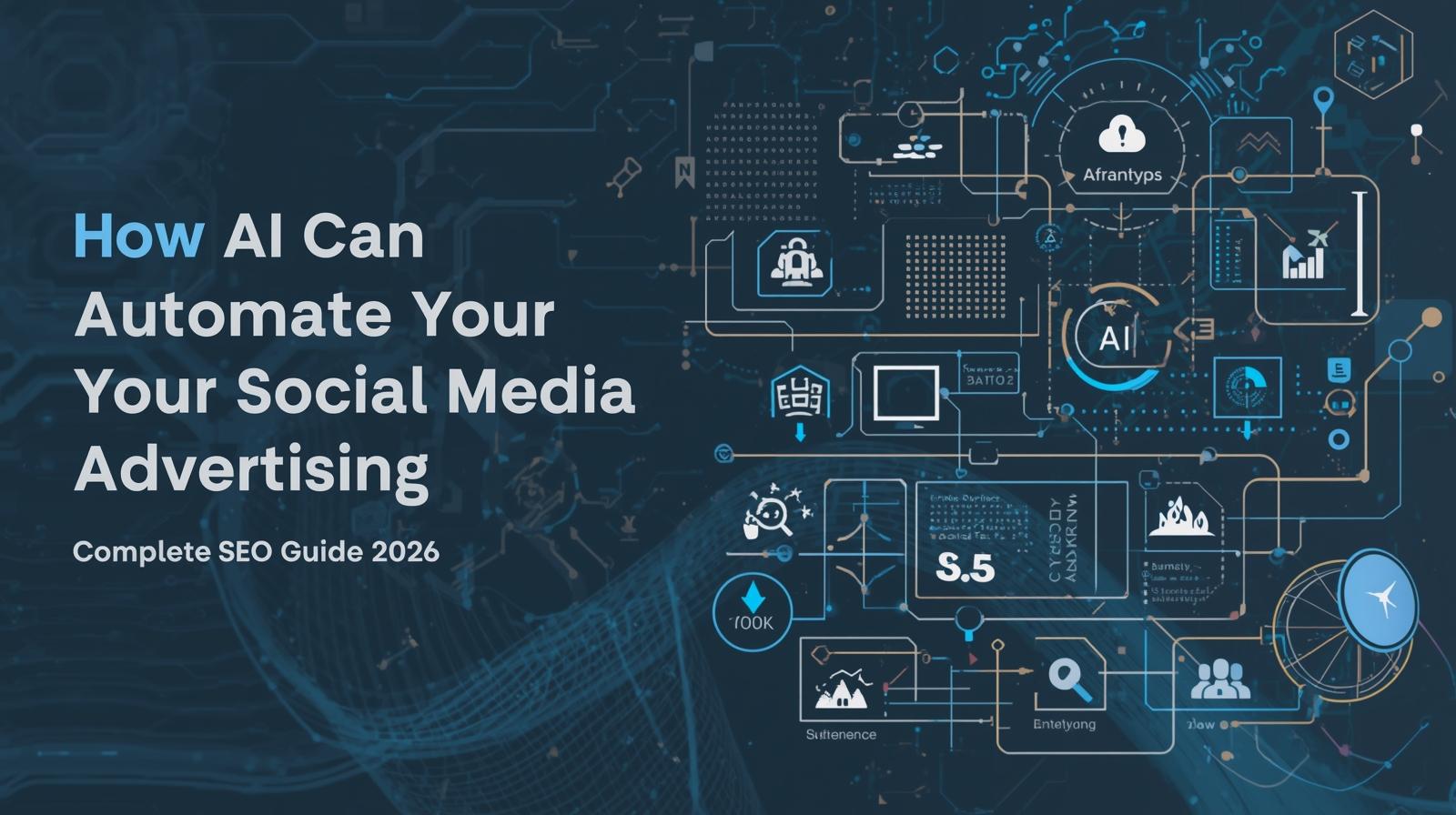 Illustration of artificial intelligence automating social media advertising with data analytics, audience targeting, campaign optimization, and digital marketing performance tracking for SEO 2026