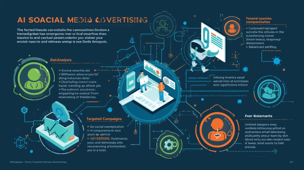"Infographic illustrating AI in social media advertising with data analysis, targeted campaigns, and user engagement. Features people interacting with digital dashboards, charts, and technology icons on a dark blue background, showing futuristic and tech-driven marketing concepts."