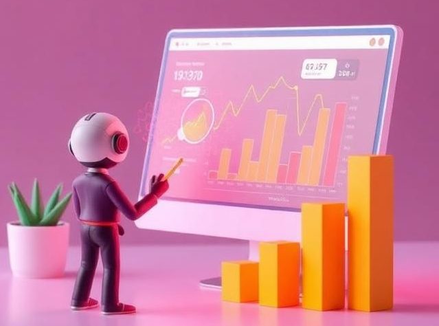 AI analytics dashboard showing business growth charts, data visualization, and performance tracking for digital marketing and SEO optimization