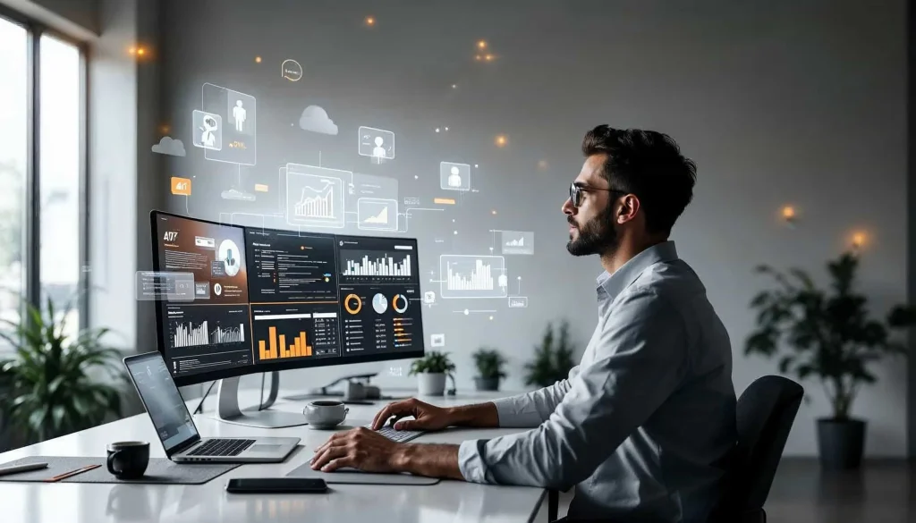 Marketer analyzing personalized ad campaigns on multiple screens