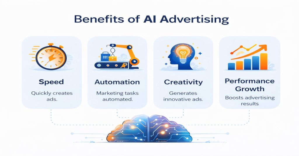 “Professional 2D infographic illustrating the benefits of AI advertising including Speed, Automation, Creativity, and Performance Growth, with clean modern design and minimal layout”