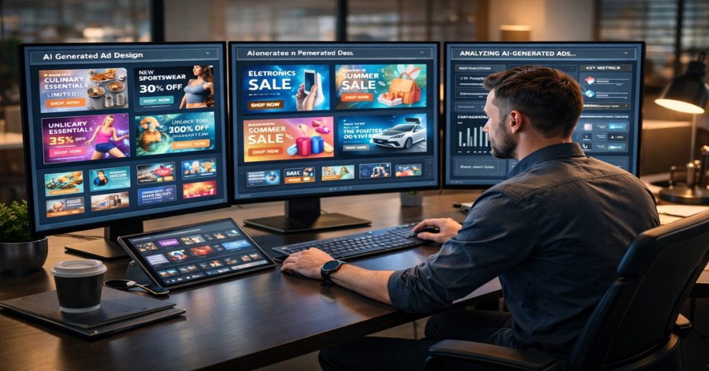 Digital marketer analyzing multiple AI-generated ad designs on large monitors in a modern workspace