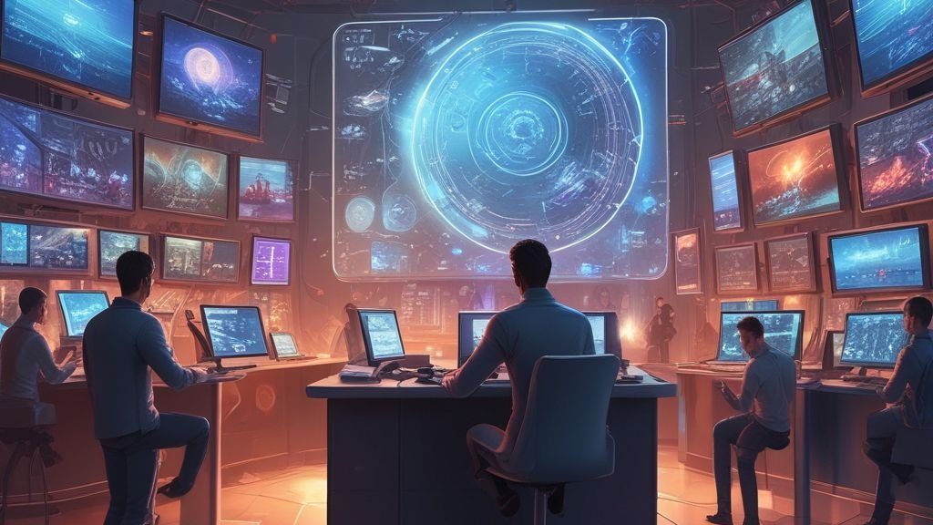 Futuristic AI command center generating personalized ads across devices with holographic audience segments and performance charts